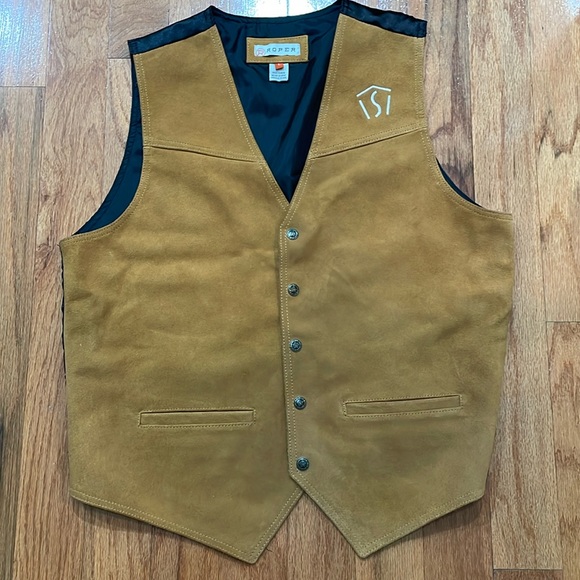 Roper Men’s Leather Vest Size Large 2Front Pockets Brown Snap Front Embroidered - Picture 2 of 13